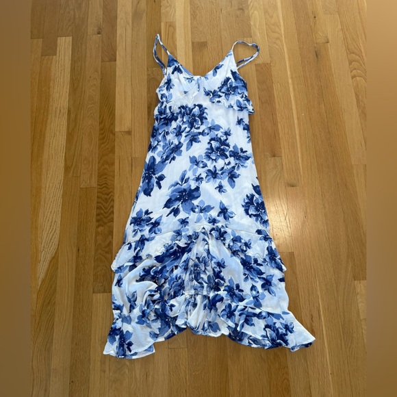 Island Time Blue and White Floral Print Ruffled Midi Dress by LULU's - Picture 6 of 16
